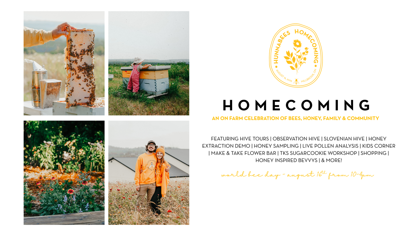 Promotional graphic for 'Homecoming' featuring images of hives and people outdoors, with a logo and text about honey-related activities.